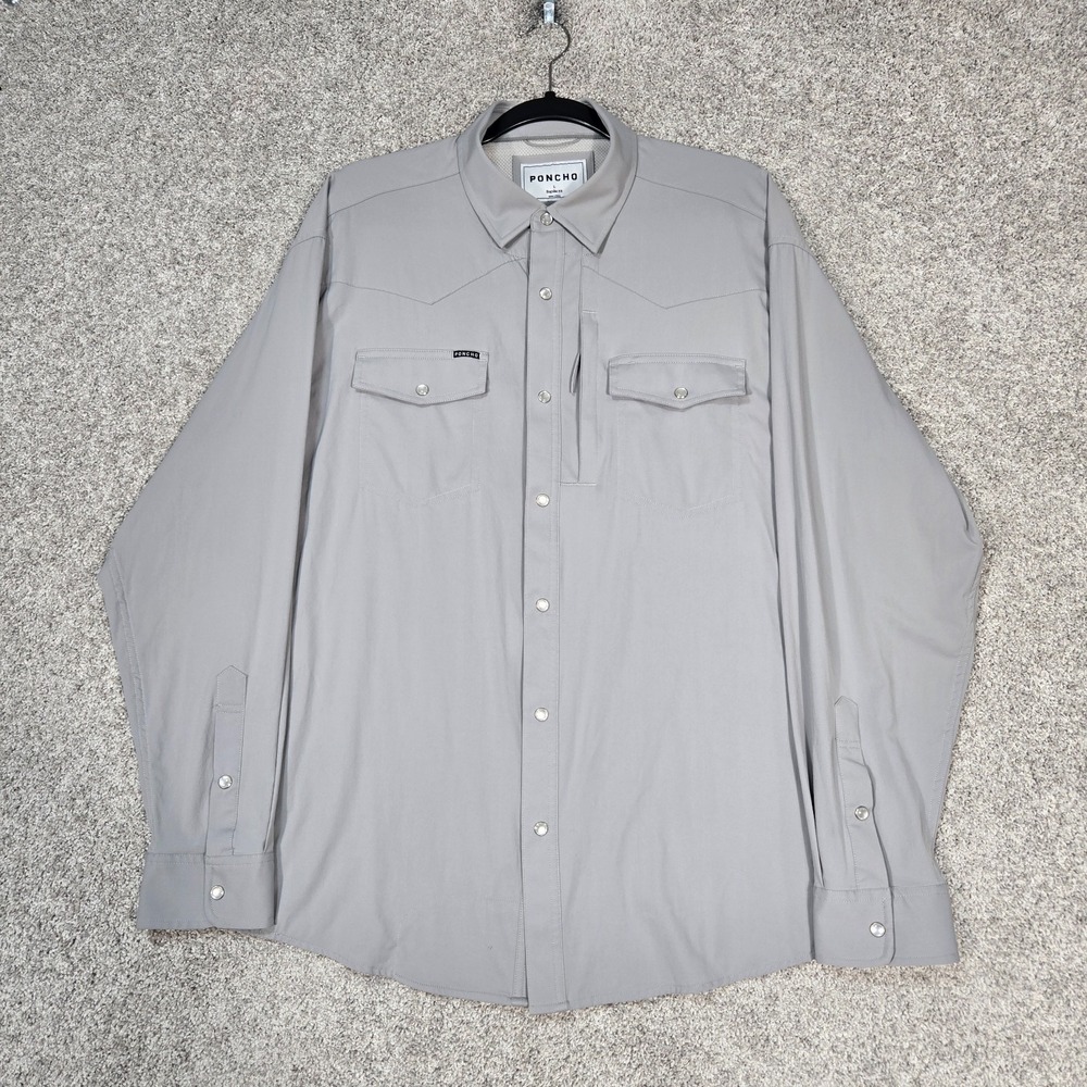 Poncho Pearl Snap Shirt Mens Large Regular Fit Grey Fishing Vented Long Sleeve